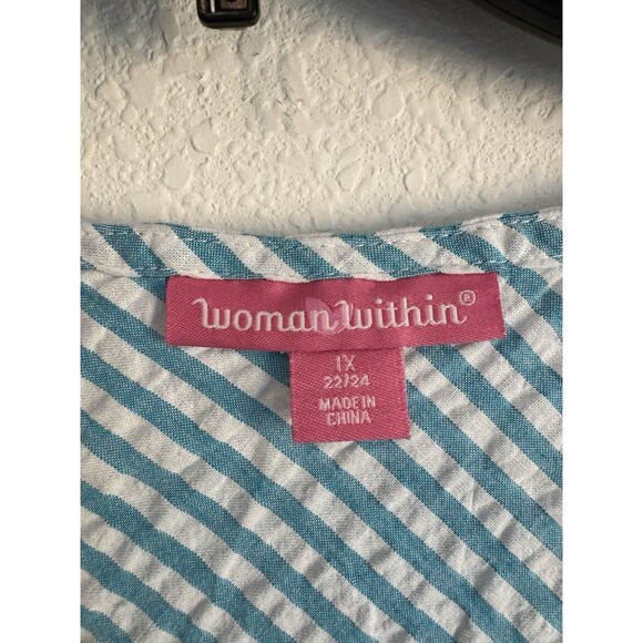 Woman Within Blue Striped Textured V Neck Short Sleeve Button Down Blouse 1X - Picture 4 of 9